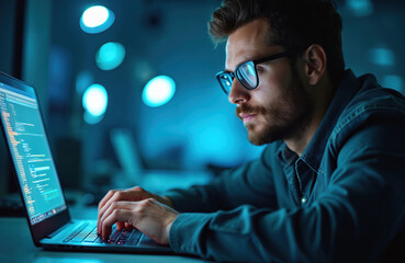 Focused tech expert solves laptop issue in tech lab. Man in glasses working with laptop. Digital worker at workplace, focused pro, modern tech lab, computer expert.