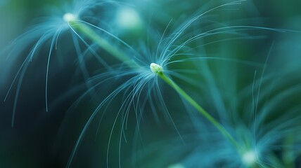 Soft dandelion seed head with delicate feathery plumes against a teal and green background evokes serenity and natural beauty.