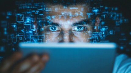 Intense gaze at a digital tablet surrounded by virtual data streams, symbolizing stress and the need for effective time management and therapy in a tech driven world