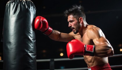 Boxer throws powerful right hook at heavy bag in gym. Male athlete trains hard, intense fight, competition. Muscular physique, red gloves, punching training, boxing fight.