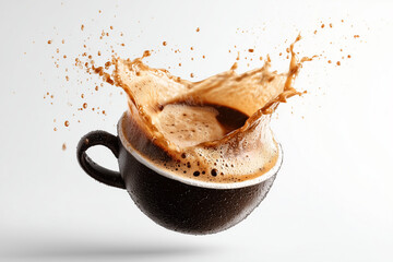 Selective focus black coffee in cup with splash for commercial advertisement isolated on white background, Cup of hot coffee floating on white background.