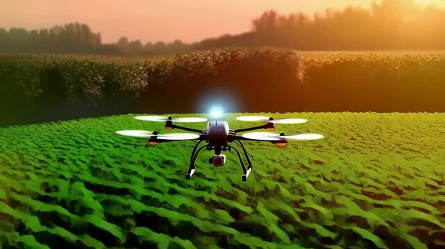 Drone spraying fertilizer over a field at sunset. Useful for agricultural presentations and educational materials about modern technologies in agriculture.
