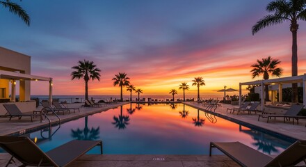 Obraz premium Tropical Sunset Reflection: Palm Trees and Vibrant Sky over Tranquil Swimming Pool