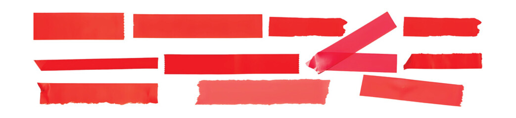 Obraz premium Red adhesive tape isolated on transparent background. Paper tape sticker with ripped edges. Torn masking tape set. Template mockup for message, labels, add text, Design elements. PNG