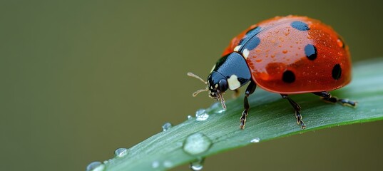 Obraz premium Close Up of a Bright Red Ladybug on a Green Leaf with Water Droplets Reflecting Vibrant Colors