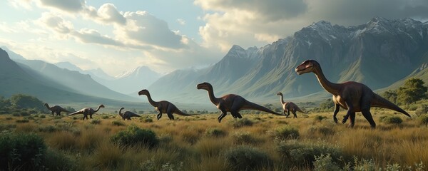 Dinosaurs roam prehistoric land. Illustration of Brachiosaurus-like creatures, mountains in background. Scene evokes Jurassic era, dinosaur world. Perfect for educational, science projects, fantasy