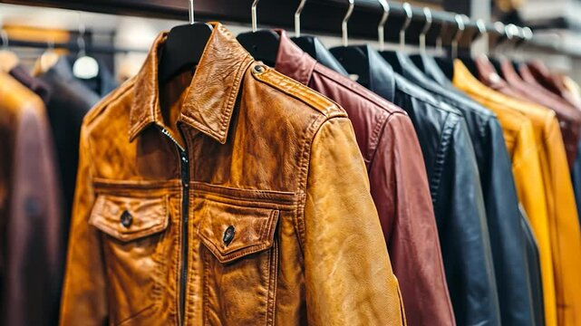 Row of leather jackets on hangers