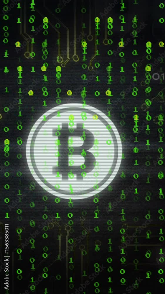 Poster animation of bitcoin icon over binary coding data processing