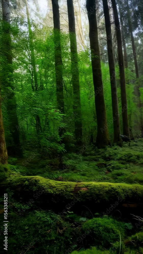 Poster sunlight streams through dense forest, highlighting moss-covered trees and a fallen log in a tranqui