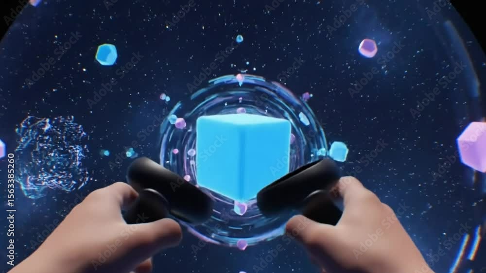 Poster exploring virtual reality: hands interacting with digital objects in an immersive metaverse