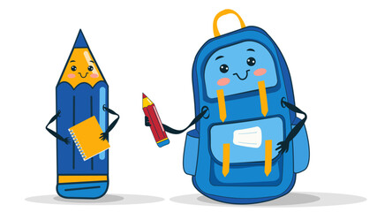 Two cheerful stationery characters are ready for school. A pencil holds a red crayon and a smiling backpack carries a notebook. They embody the excitement of learning and creativity