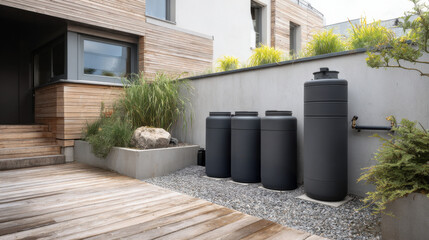 Set of black rainwater barrels connected to pipe system against concrete wall in modern courtyard. Eco-friendly outdoor water collection and reuse setup. 