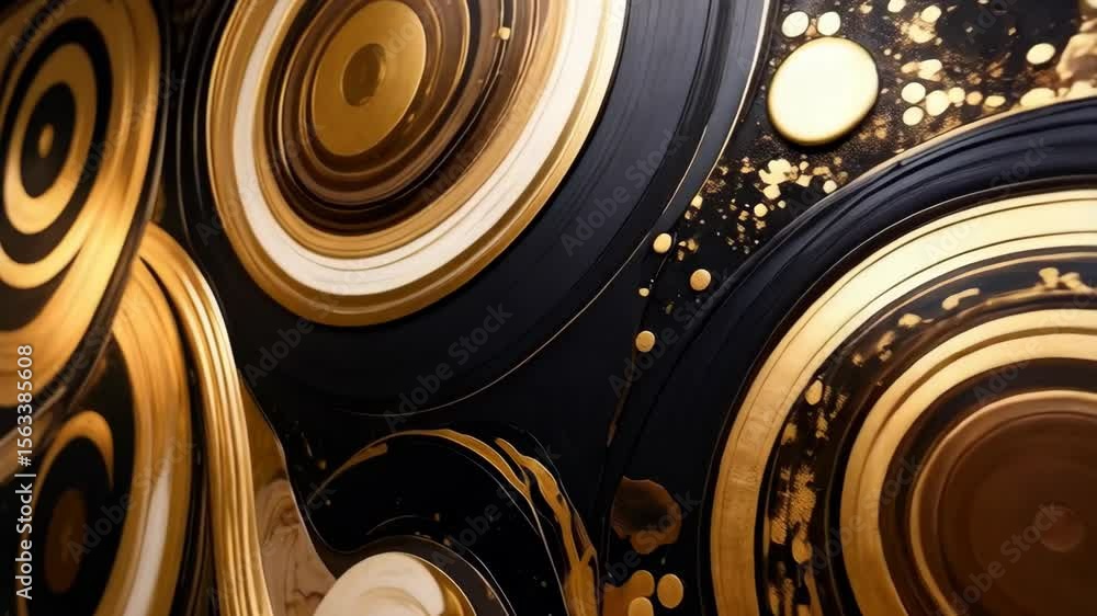 Poster golden rings and fluid shapes in black and marble abstract artwork, creating a luxurious and visuall
