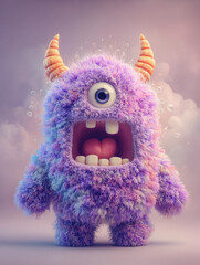 Cute fluffy purple monster with big eye and horns
