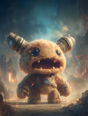 Cute brown furry monster with mechanical horns in a desolate landscape