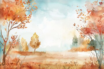 Autumn landscape with colorful trees and gentle hills at sunrise. Watercolor illustration 