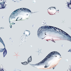 Watercolor seamless pattern with underwater world Bright fish, whale, shark dolphin starfish animals. Jellyfish seashells. Sea and ocean fish life background