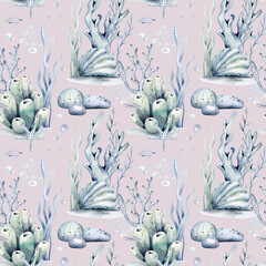 Watercolor seamless pattern with underwater world Bright fish, whale, shark dolphin starfish animals. Jellyfish seashells. Sea and ocean fish life background