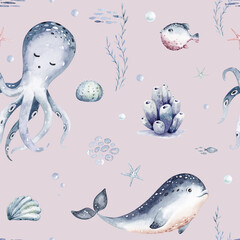 Watercolor seamless pattern with underwater world Bright fish, whale, shark dolphin starfish animals. Jellyfish seashells. Sea and ocean fish life background