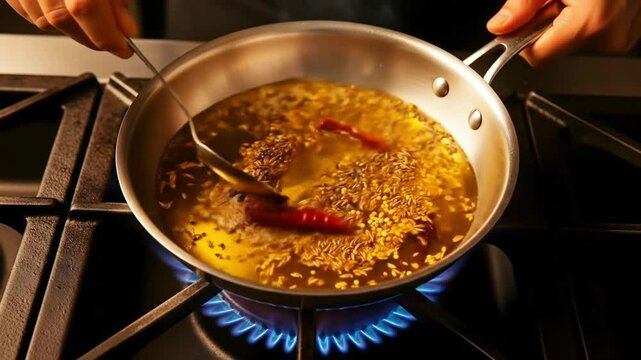 Chef Tempering Spices In Hot Oil