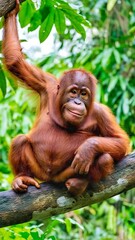 Fototapeta premium A young orangutan sitting on a tree trunk in the forest