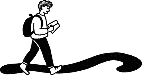 Person walking and reviewing notes with backpack - conceptual sketch for educational themes