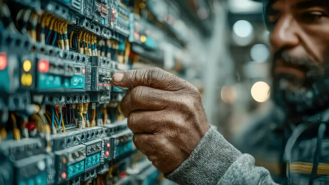 Close-up of an electricians hand using a tool to adjust switches on a detailed control panel