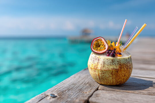 Tropical Coconut Cocktail by the Sea. A refreshing cocktail served in a coconut shell, adorned with fruit, and served by the ocean.