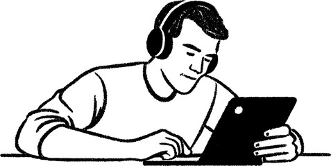 Focused researcher with headphones engrossed in reading on tablet device for study and learning