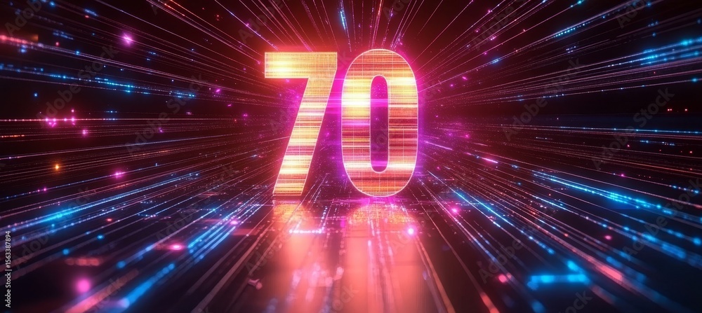 Aufkleber futuristic glowing digital number 70, abstract background with cyberpunk design and speed lines