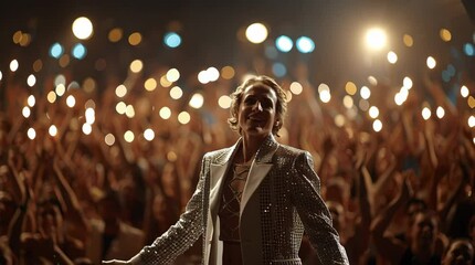 Stage Presence: An energetic individual takes center stage before an exuberant crowd, capturing the raw energy and thrill of performance, spotlighted under a canopy of dazzling lights.
