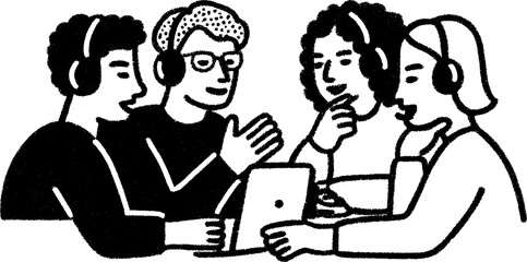 Tech team collaboration with headsets in a hand drawn style for creative projects