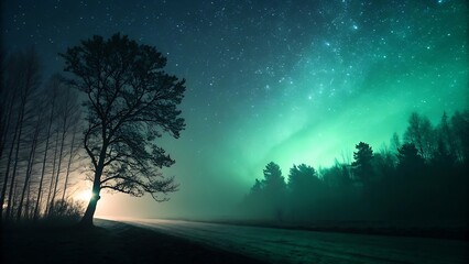 Naklejka premium Vibrant green aurora borealis illuminates a starry night sky over a misty forest and lone tree
