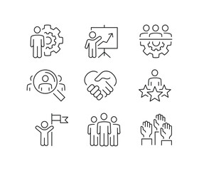 Workshop management set of web icons in line style. Business icons for web and mobile app. Containing team building, teamwork, coaching, meeting, managing, interview, hire, coaching and motivation.