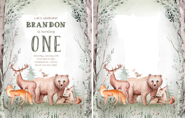 Woodland cartoon Animals watercolor illustration template. Pre made frame for baby shower, birthday invitation kids baby deer, fox in the forest. Cute bear, rabbit and birds