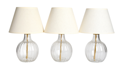 Luxurious table lamps with marble, glass, and gold accents, featuring pleated lampshades and elegant classic designs. Transparent PNG.