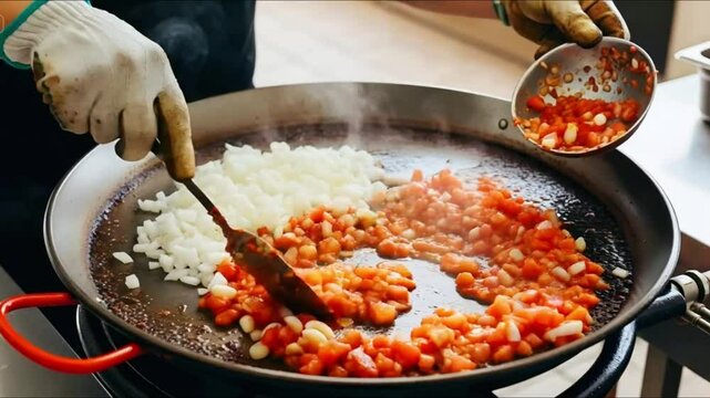 Chef Adding Tomato And Onion Sofrito To Paella Pan