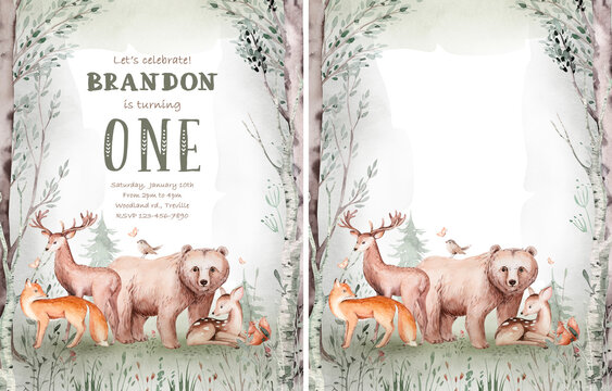 Woodland cartoon Animals watercolor illustration template. Pre made frame for baby shower, birthday invitation kids baby deer, fox in the forest. Cute bear, rabbit and birds - Powered by Adobe