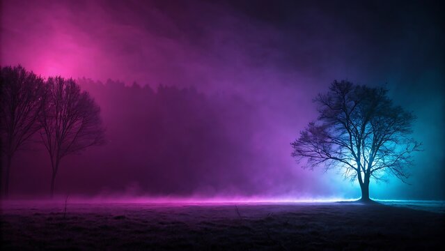 Two bare trees stand in a misty field illuminated by vibrant pink and blue neon lights at dusk - Powered by Adobe