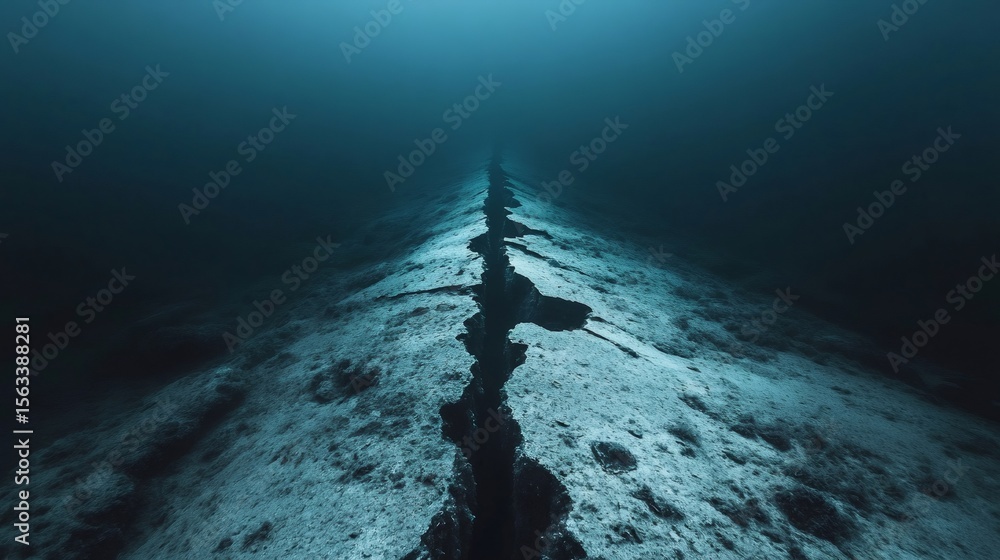 Poster Seismic waves are creating a long crack on the ocean floor, causing an underwater earthquake in the deep dark blue sea with light coming from the surface