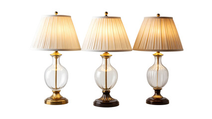 Luxurious table lamps with marble, glass, and gold accents, featuring pleated lampshades and elegant classic designs. Transparent PNG.