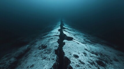 Seismic waves are creating a long crack on the ocean floor, causing an underwater earthquake in the deep dark blue sea with light coming from the surface