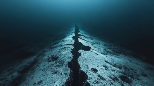 Seismic waves are creating a long crack on the ocean floor, causing an underwater earthquake in the deep dark blue sea with light coming from the surface