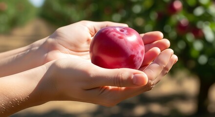 Radiant Red Plum Held Gently in Sunlit Hands Orchard Backdrop.