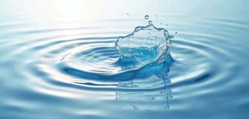 Transparent water surface with splash drops. Abstract water wave pattern with pure natural swirls. Blue water background with ripples. Focus on water drops. Fresh, cool, liquid design.