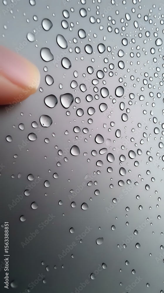 Poster raindrops on glass window create natural pattern with finger touching surface, soft gray background 