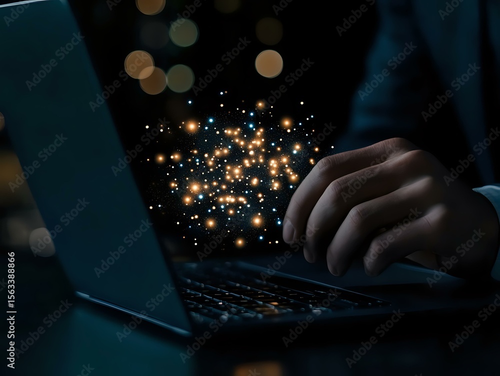 Poster glowing magical sparkles emanate from laptop keyboard while person types in dark room, creating ethe