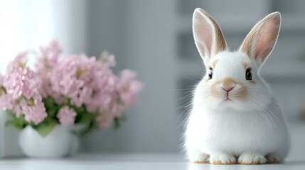 Obraz premium White bunny with long ears sitting near pink flowers in white vase against light gray background, soft natural lighting creates gentle spring mood and cozy atmosphere.