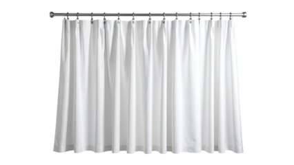 Pristine white shower curtain draping elegantly from metal rod, highlighting minimalist bathroom decor against transparent backdrop