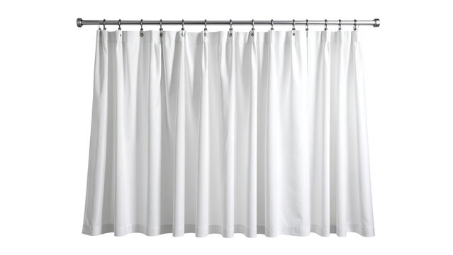 Pristine white shower curtain draping elegantly from metal rod, highlighting minimalist bathroom decor against transparent backdrop